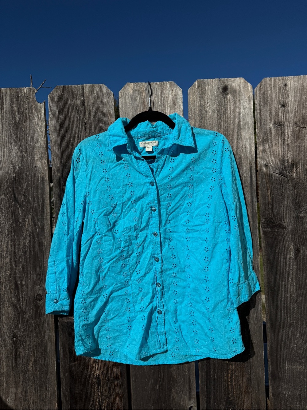 Vintage Turquoise Light Blue Eyelet Button-Down Shirt 100% Cotton